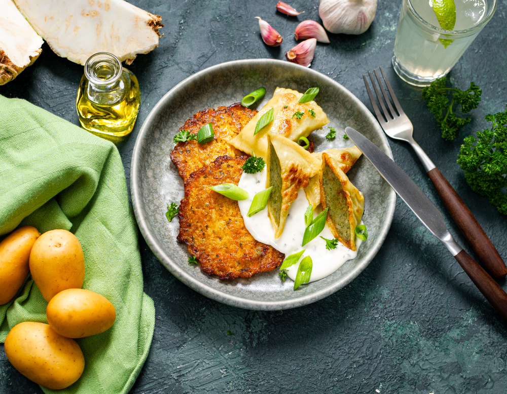 Maultaschen mit Sellerie-Kartoffelpuffer